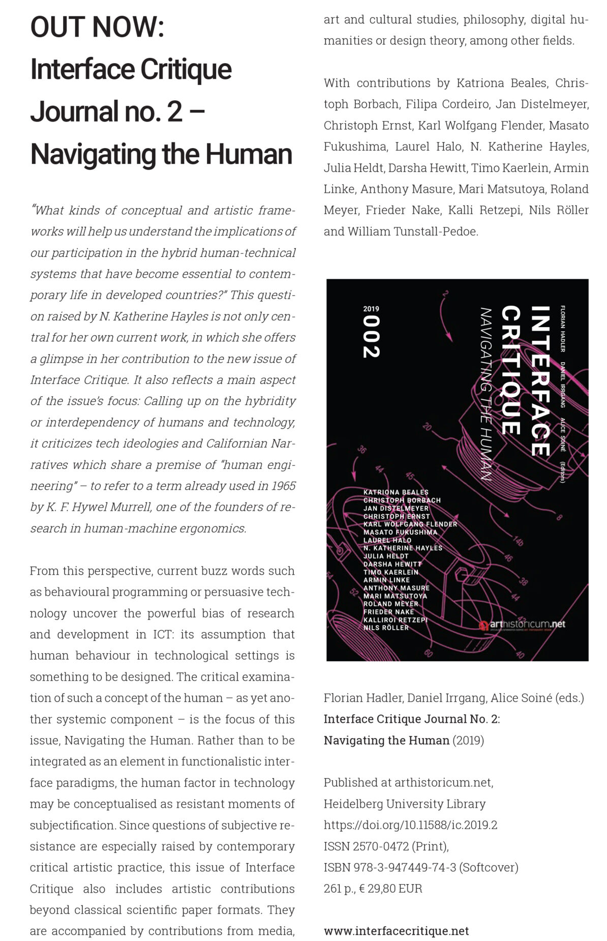 OUT NOW INTERFACE CRITIQUE Journal no. 2 Navigating the Human